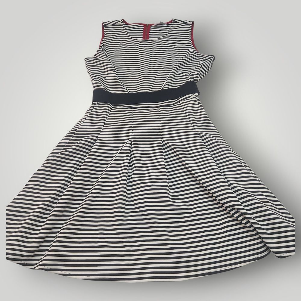 Danny & Nicole Black White Striped Belted Fit & Flare Sleeveless Dress Size 16